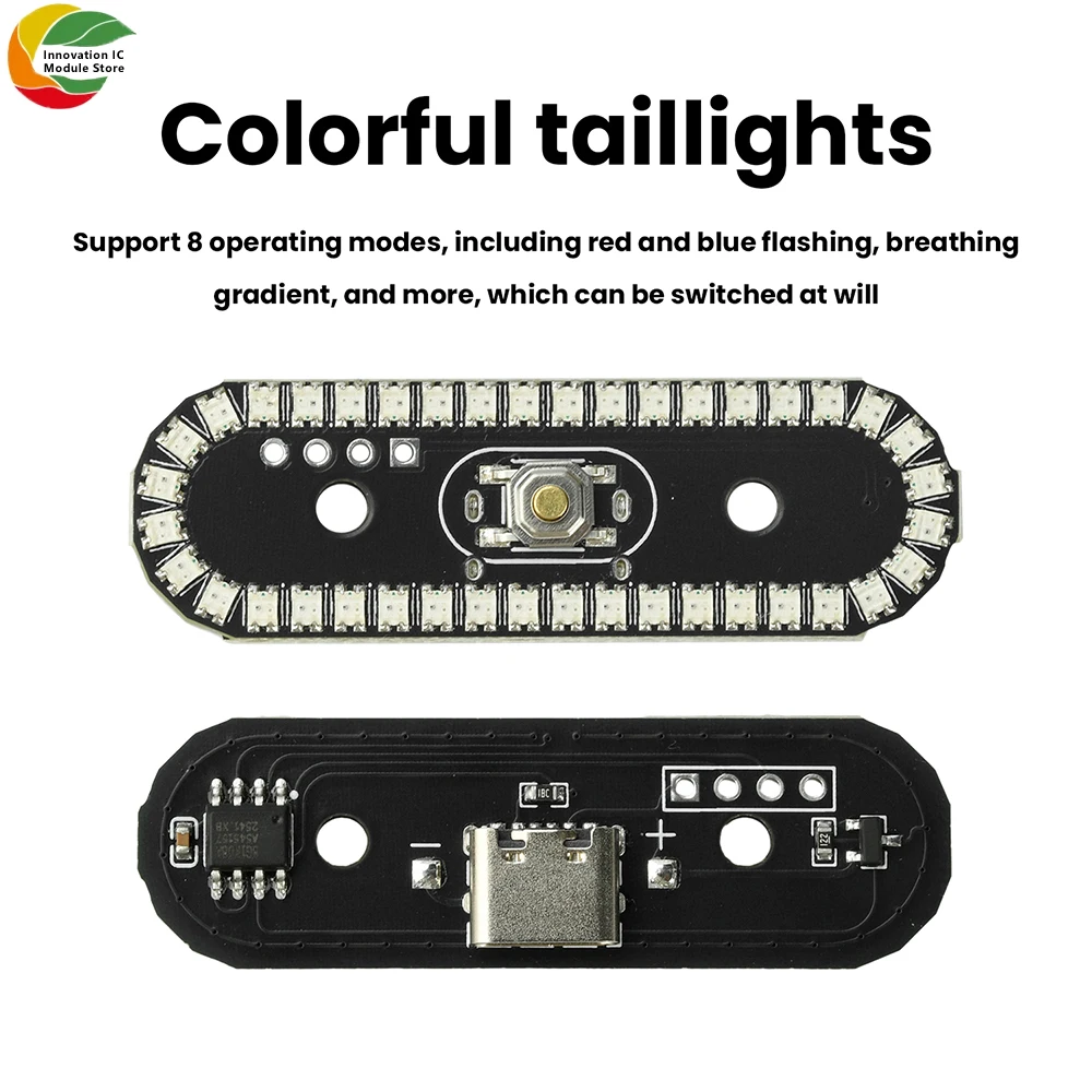 Démonstration des 8 modes d'éclairage du feu arrière LED RGB, incluant stroboscope et dégradé. Achetez Feu Arrière LED RGB Type-C pour Drone Moto Vélo - 8 Modes Stroboscopiques.
