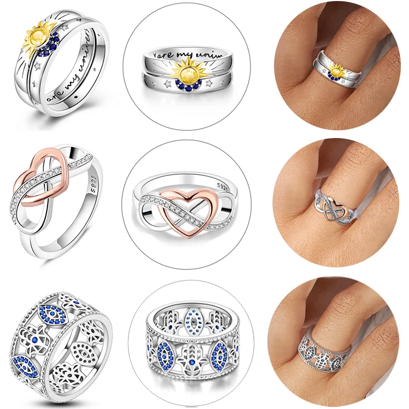 925 Sterling Silver Rings for Women Original Wedding Engagement Gifts Stackable Star Moon Heart Flower Ring silver rings
