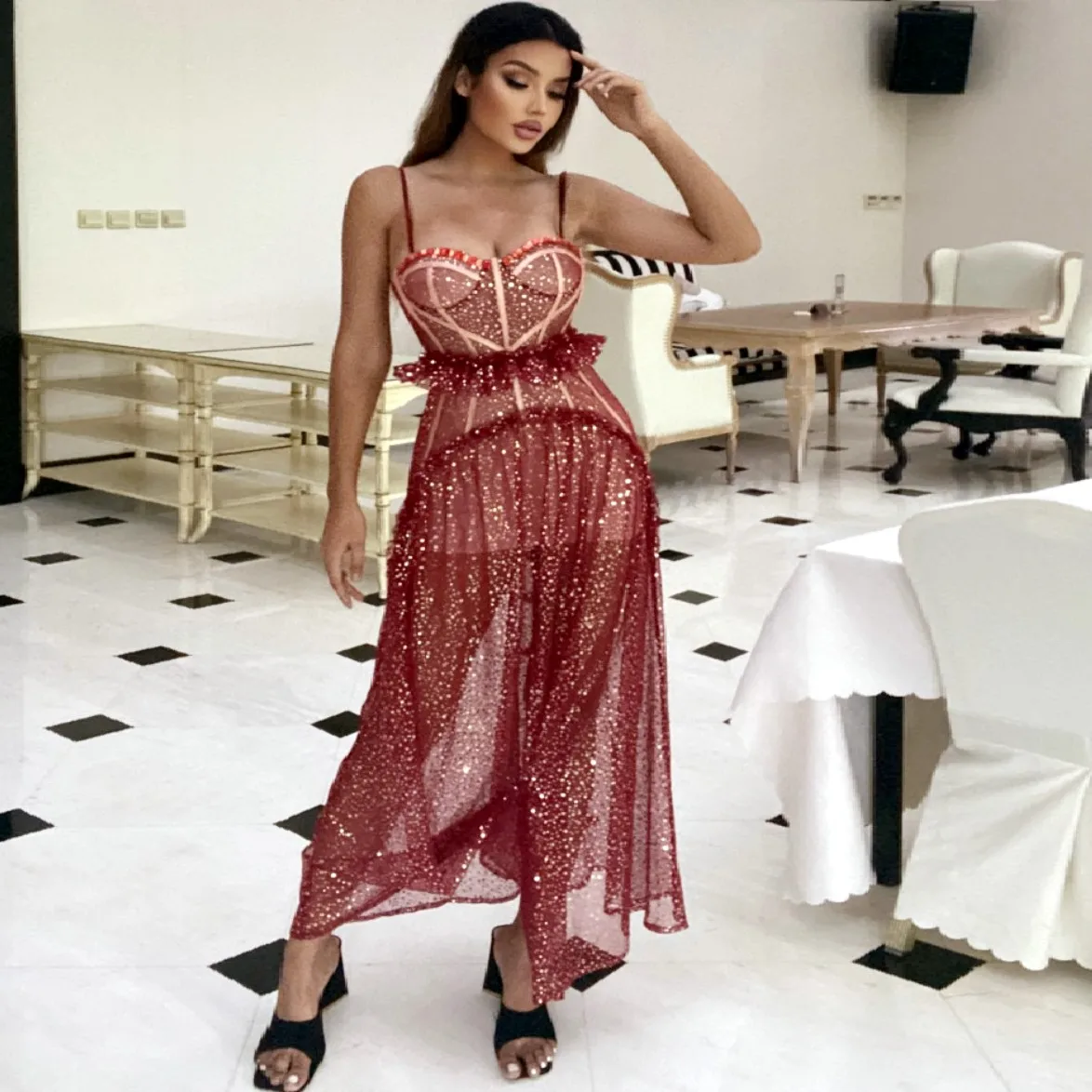 

Red Color Women Sleeveless Sexy Shinning Sequines Midi-Length Sling Dress Fashion Celebrate Birthday Party Cute Outfit Costume