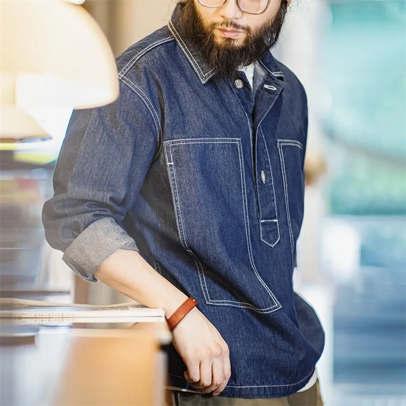 

Maden Denim Work Shirt Vintage Album Bright Line Pocket Outwear 9oz Denim Lapel Jacket 2023 Uncle Fu Designer Amekaji Workwear