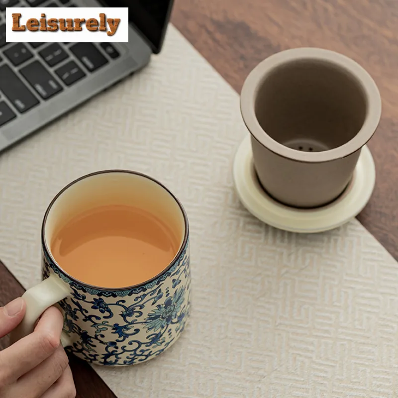 400ml Ru Kiln Blue And White Blessed Office Work Water Cup Ceramic Filter Tea Separator Cup With Lid Special Tea Mugs Gift Box