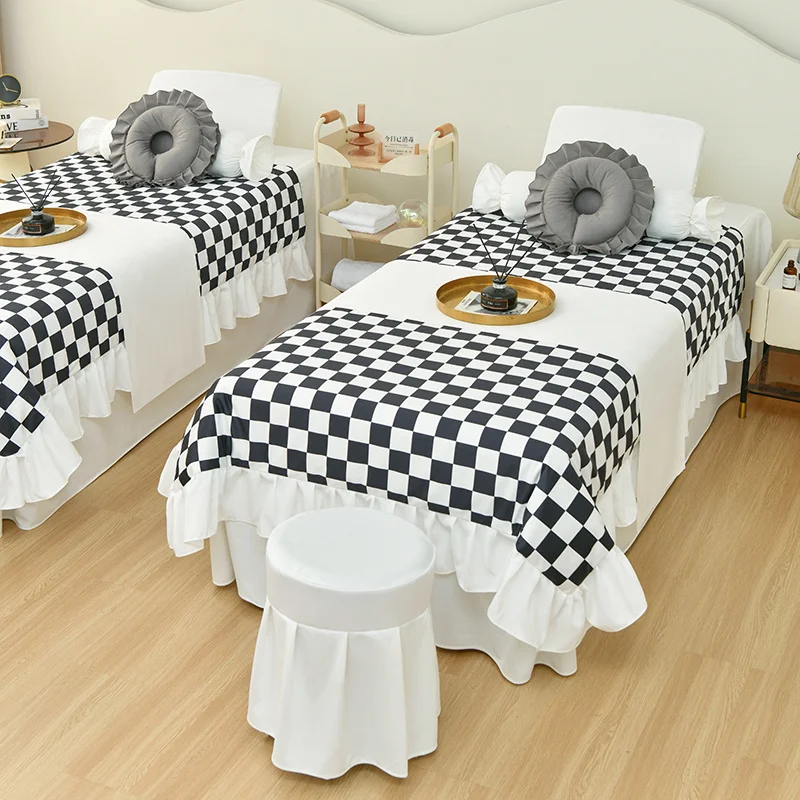 

Classic Chessboard Style Beauty Salon 4 Pcs Bedding Sets Massage Spa Bedskirt with Hole Stoolcover Pillowcase Duvet Cover Sets