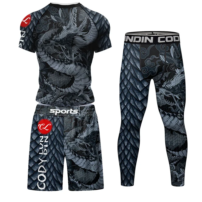 4PCS/Set Men Rashguard MMA T-shirt + Pants Snake Jiu Jitsu Grappling Bjj Gi Boxing Rash Guard Sportsuits Leggings Suit MMA Shorts sports apparel mens t shirt