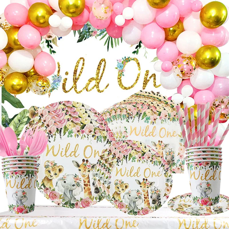 Pink Gold Animal Wild One Birthday Party Disposable Tableware