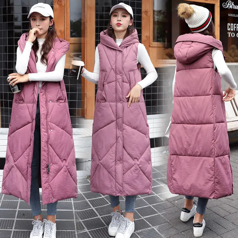 2023 New Female Hooded Sleeveless Outwear Long Waistcoat Women Autumn Winter Korean Loose Warm Thick Cotton Padded Vest Overcoat