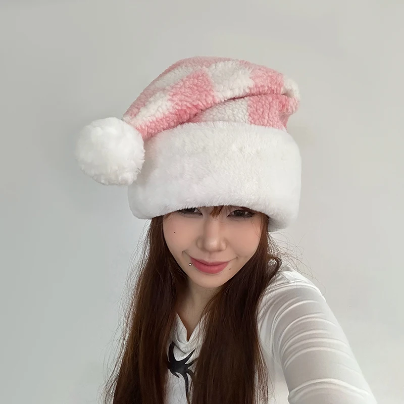 Cute Pink Plaid Santa Claus Hat Fleece Santa Cap Christmas Hats for Adults with Plush Trim