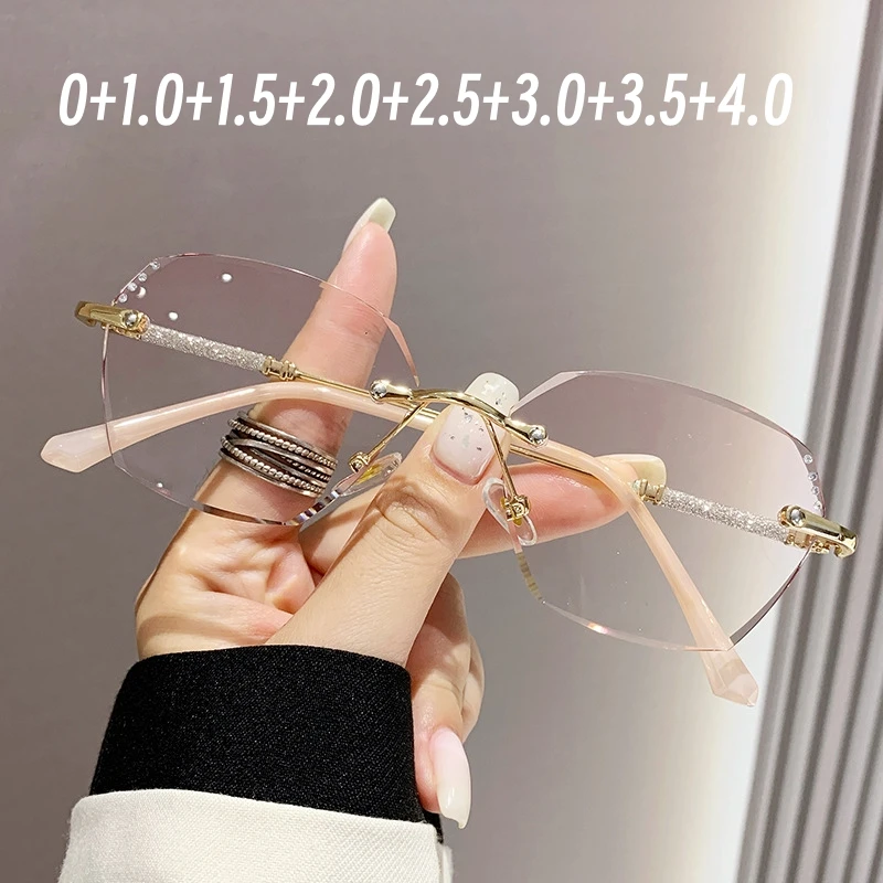 

Women's Rimless Diamond Cutting Reading Glasses Gradual Pink Anti Blue Presbyopic Eyeglasses Ultra Light Anti Fatigue Eyewear