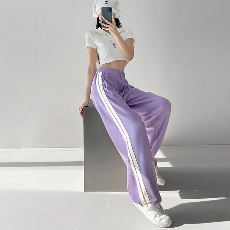 2023 Women Sweatpants Pants Summer Striped Loose Trousers Casual Sportwear High Waist Solid Baggy Pants Joggers Streetwear