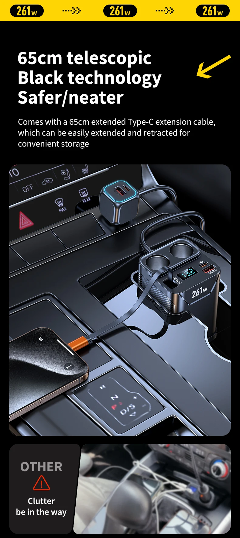 7 in 1 Cigarette Lighter Adapter Cup Holder 261W Car Charger Adapter with PD45W