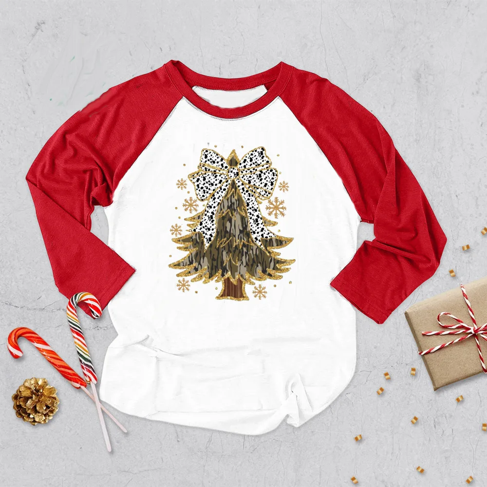 thumbnail image 5 of Camisetas navideñas con estampado de lazo de árbol de Navidad para niños, camisetas de manga larga raglán para niños y niñas, camisetas gráficas para niños, camisetas para fiestas navideñas, regalos, 5 of 5