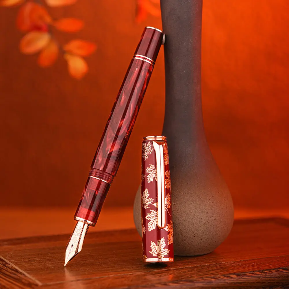 

New Hongdian N8 Fountain Pen Red Acrylic Resin Maple Leaf Carving Cap EF/F Nib Trim Smooth Writing Pen With Converter Gifts Pens