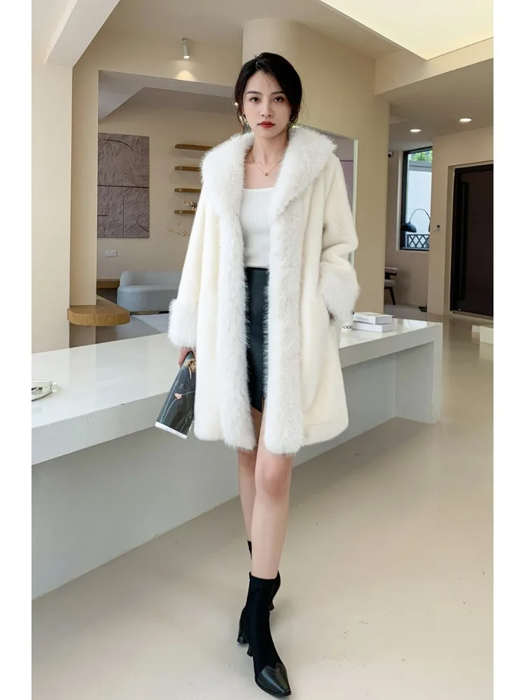 Casaco de pele glamoroso de vison feminino, casaco fino monocromático, gola de camurça, veludo, novo estilo, moda coreana, inverno Y2k