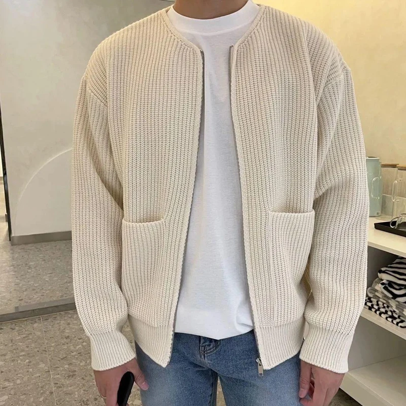 Knitting Cardigans Mens Fashion Solid Long Sleeve Zip-up Crew Neck Jackets Men Streetwear Coats Autumn Casual Knitted Outerwear