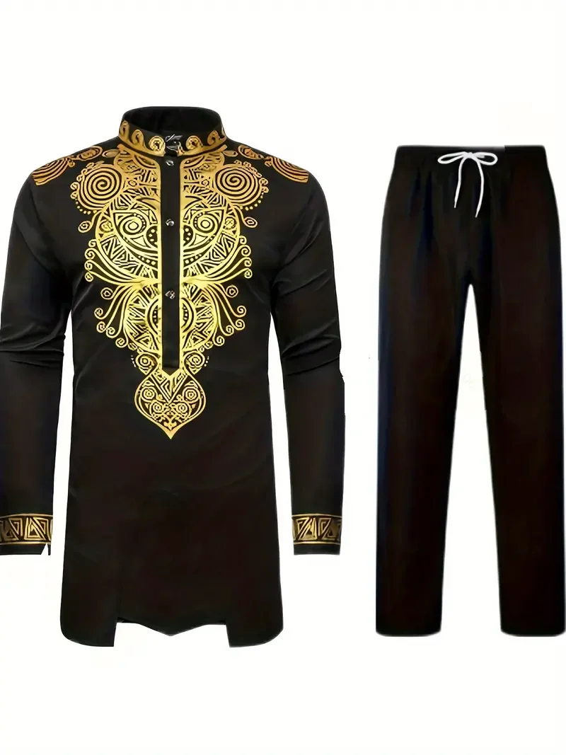 Daupanzees Comfy Mens African 2 Piece Set Traditional Suit Dashiki  Long Sleeve Gold Print Button Down Shirt and Pants Outfit