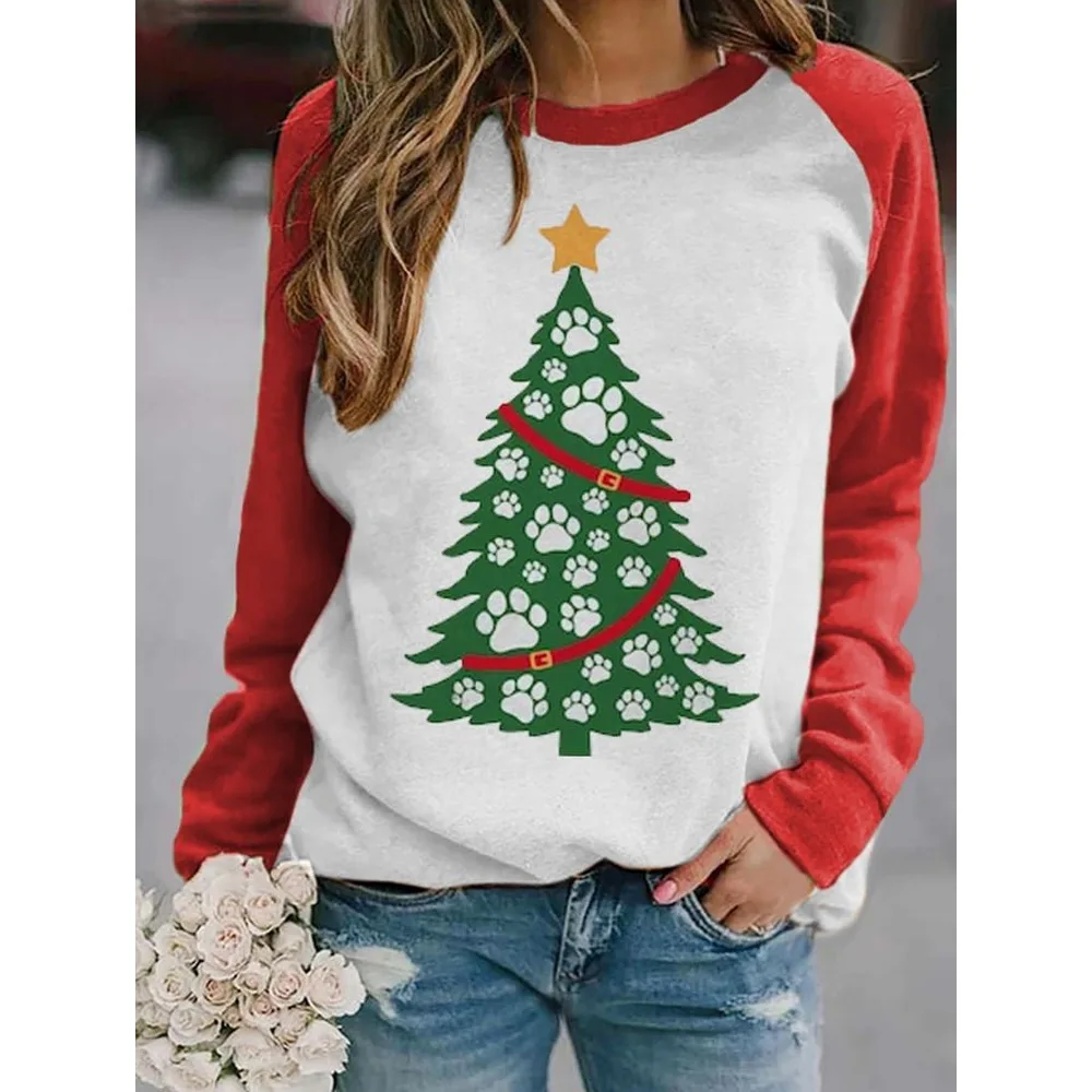 

2022 New Christmas Hoodie female Tree dog Paw Print European and American Women's Dress