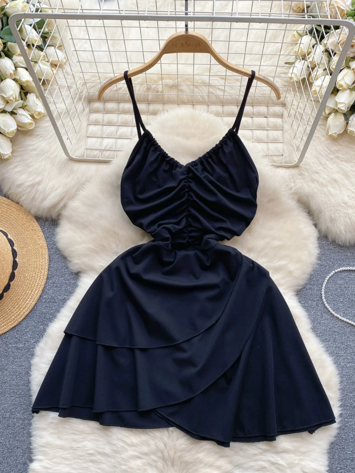 

Foamlina New Chic Black Sling Dress for Women Fashion Summer Sweet V Neck Sleeveless Backless Slim A Line Short Party Dresses