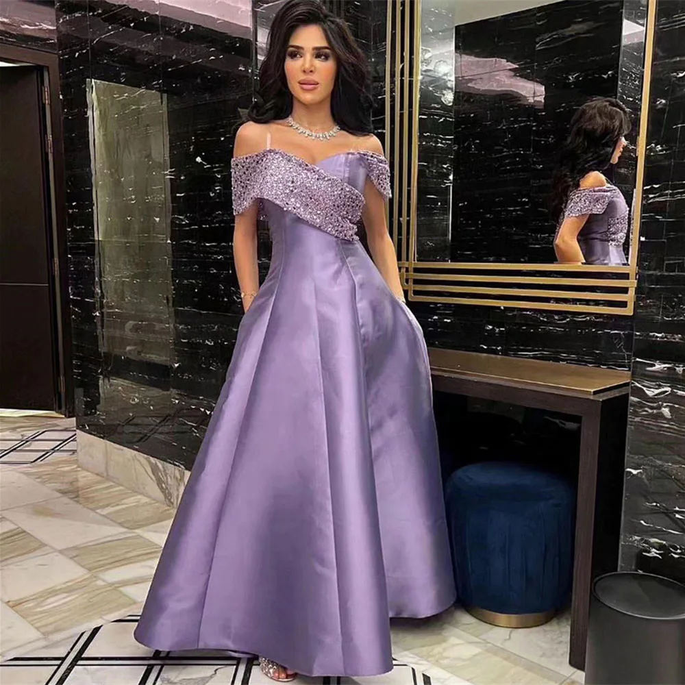 

Модные атласные платья-трапеции с вырезом лодочкой и сиреневыми блестками для торжественных случаев и выпускного вечера, женское вечернее платье в пол, женское платье из искусственной кожи