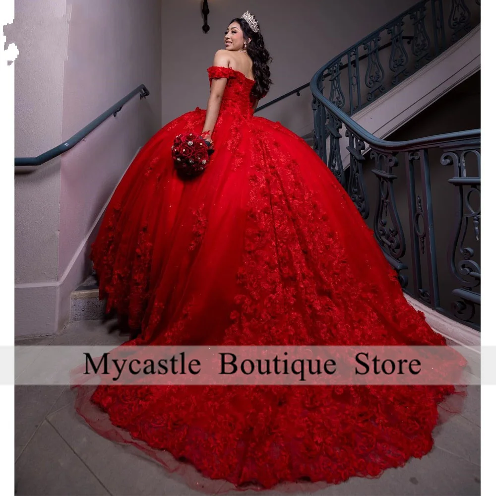 

Red 3D Flowers Ball Gown Quinceanera Dresses 2024 Off The Shoulder Floral Appliques Beads Corset For Sweet 15 Girls Party