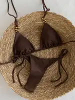Brown Elegance - Metal Beaded Triangle Bikini Swimsuit - Image 3