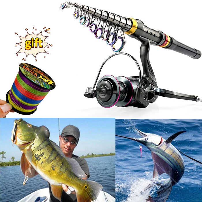

1000/3000/5000 Fishing Reel Metal Smooth Speed Ratio 5.2:1 Carbon Fiber Fishing Rod 1.8-3.6M Telescopic with Gift Braided Line