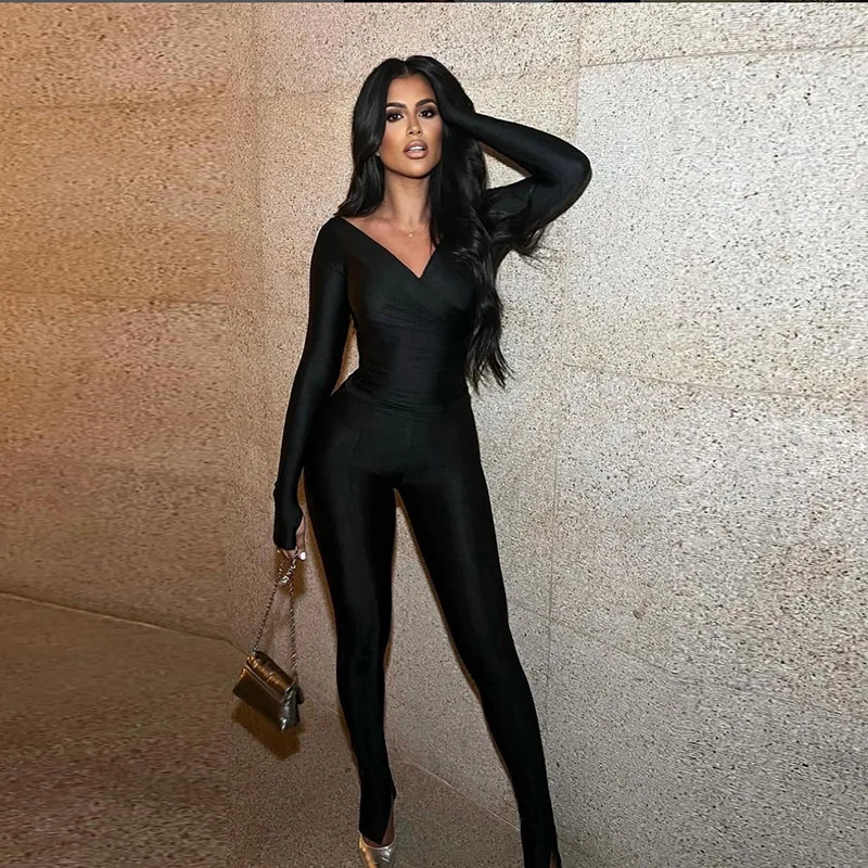 

Woman 2pcs Suit Solid Color Long Sleeve V Neck Fold T-shirt+Pencil Pant Tracksuit S-L 7Color