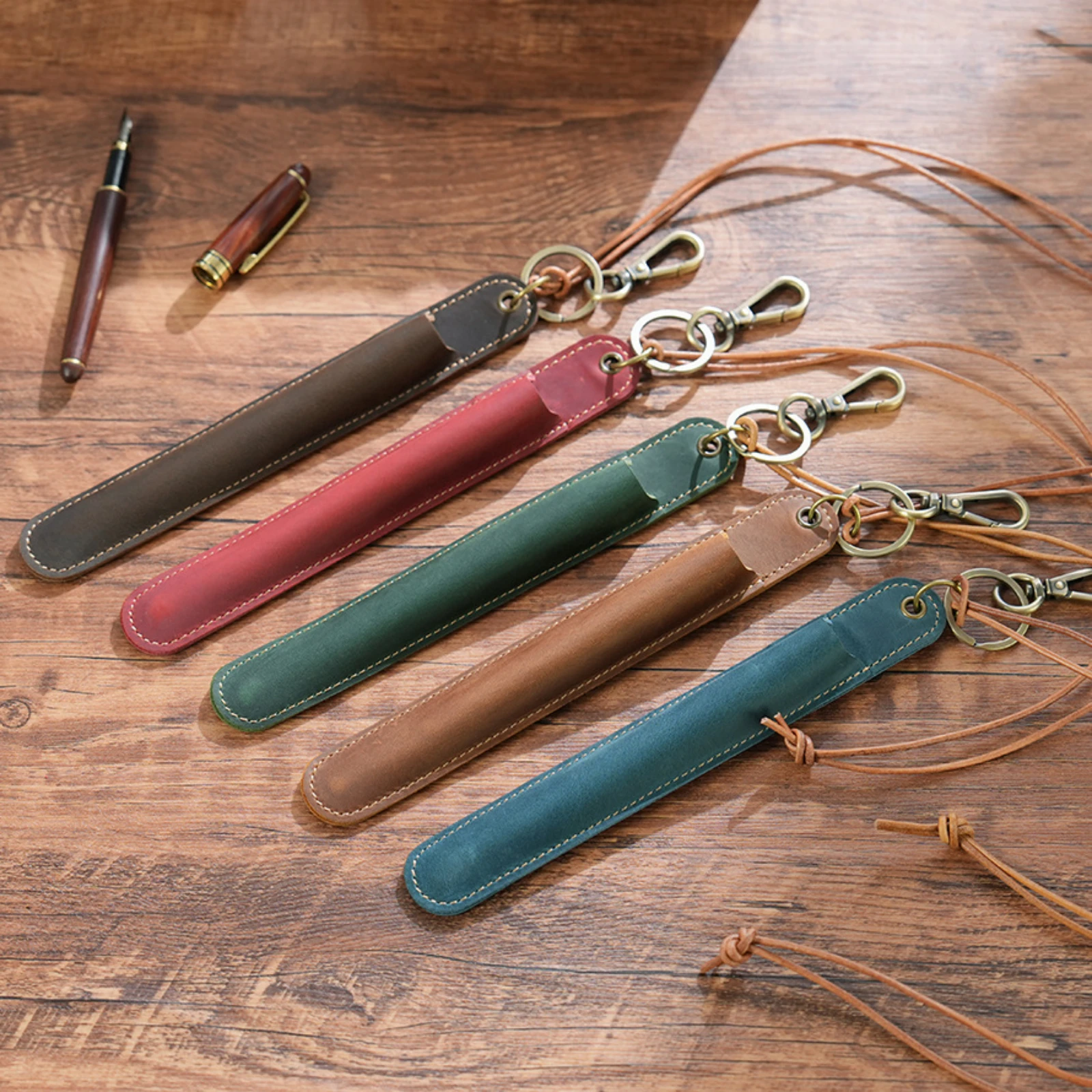 Genuine Leather Lanyard Pen Holder Portable Single Pencil Case Vintage Pen Pouch Sleeve Pen Protective Cover with Keychain 3