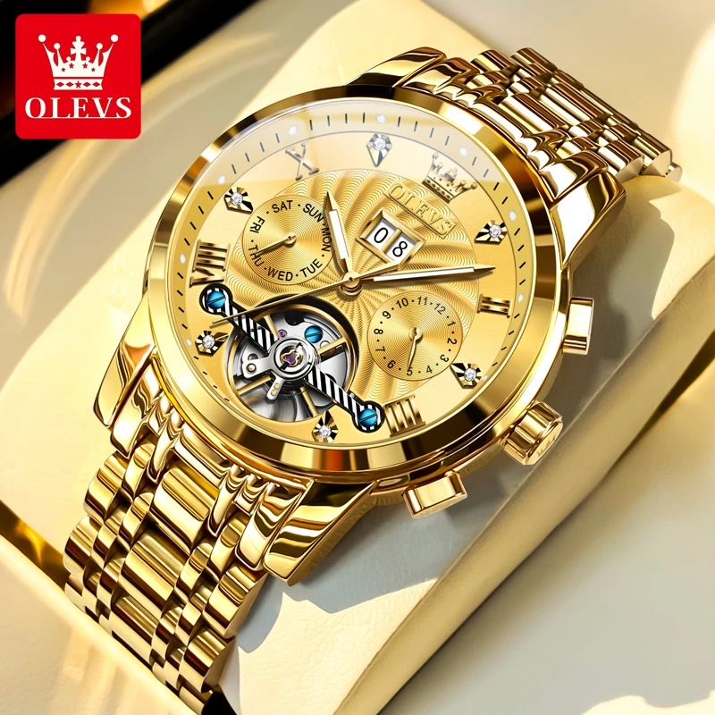 ตัวเลือกสินค้า OLEVS 9910 Mens นาฬิกาแบรนด์หรูกันน้ําส่องสว่างอัตโนมัตินาฬิกา Dual ปฏิทินนาฬิกากล่อง Reloj