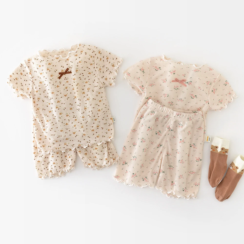 Cute Floral Baby Girls Short Sleeve Pajamas Set
