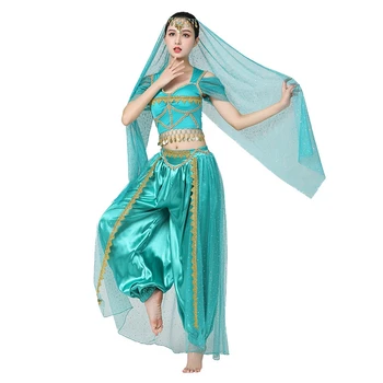 여성용 이국적인 인도 댄스 밸리 댄스 의상 세트, 고귀한 공주 재스민 코스프레 무대 공연 댄스웨어, 4 개