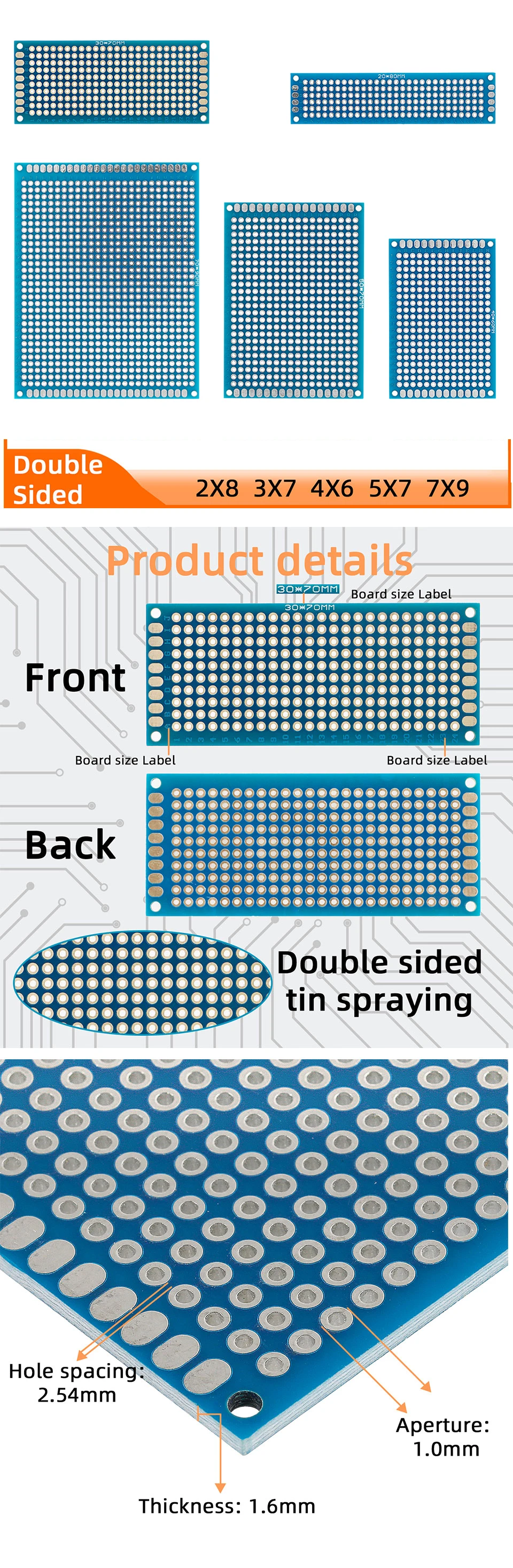 6/10 stücke pcb prototyp platine doppelseitige platinen diy universal gedruckt perf board elektronisches kit 2x8 3x7 4x6 5x7 7x9cm – Detail 1