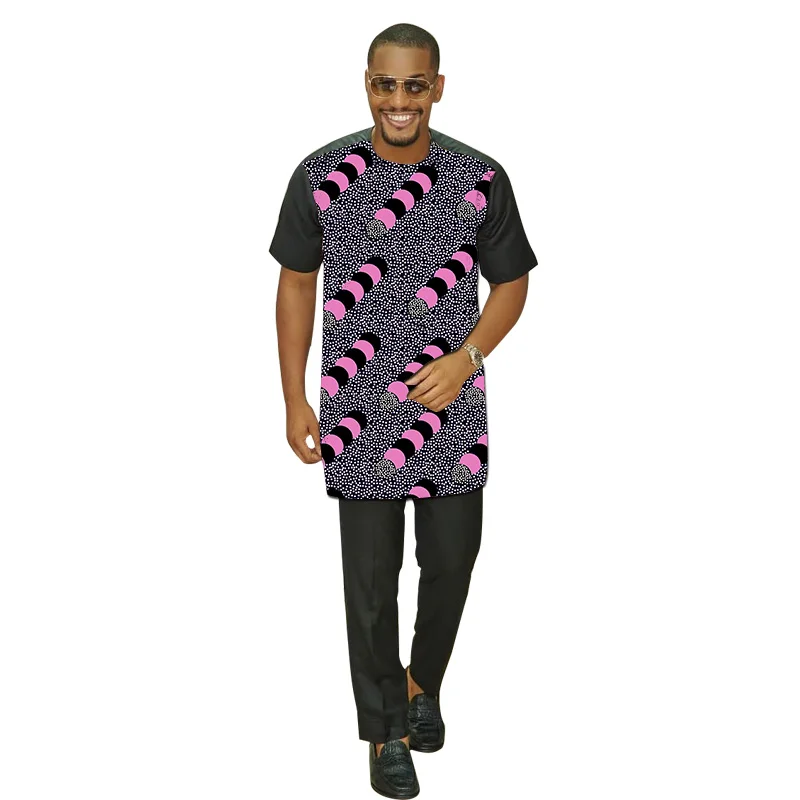 

Black Patchwork Shirts With Solid Trousers Customized African Print Sets Male Wedding Outfits