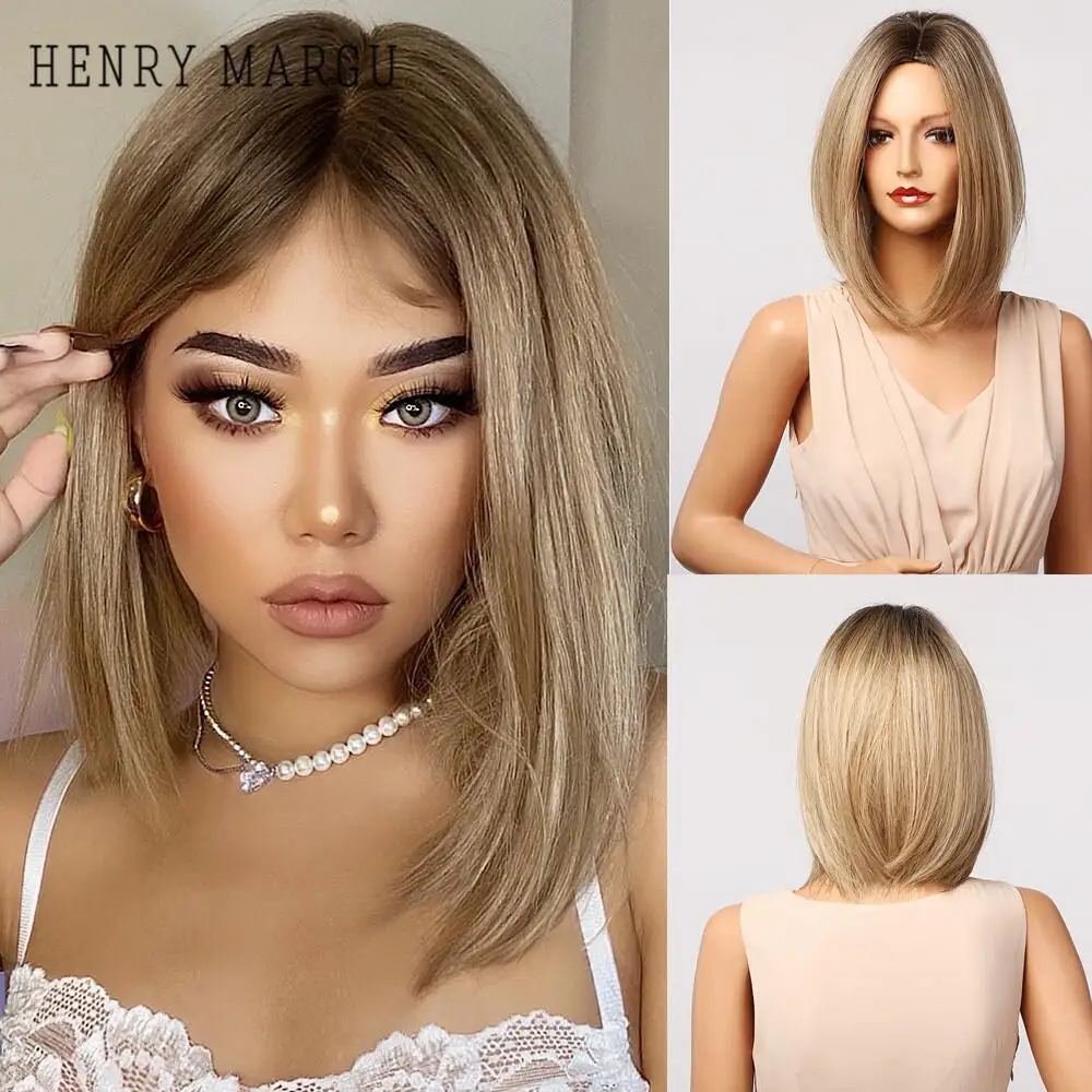 HENRY MARGU Short Straight Synthetic Wigs Blonde Ombre Bob Wigs for Women Middle Part Natural Hairs Daily Party Heat Resistant