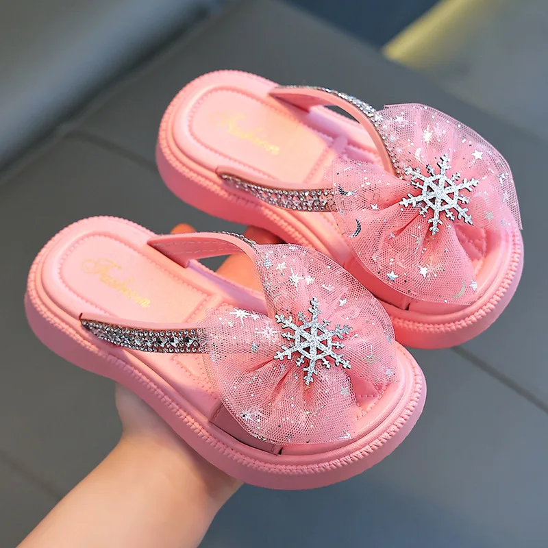 Princess Bow Girls Slippers Summer Bling Snowflake Outdoor Slippers For Kids Crystal Soft Anti Slip Beach Children Flip Flops