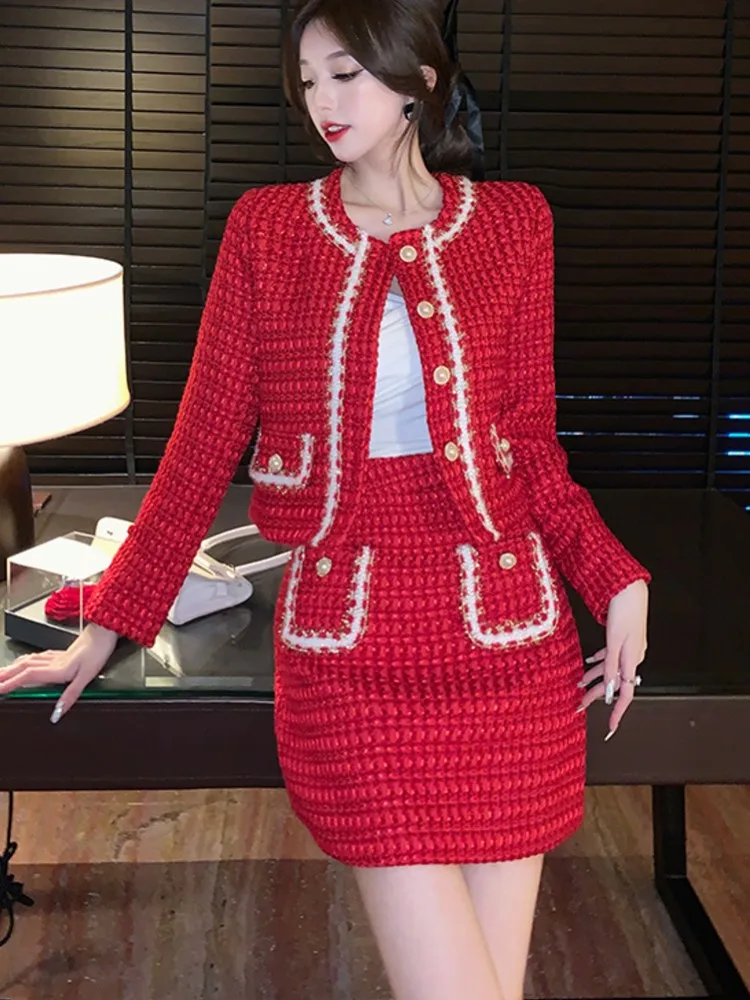 

Runway French Sweet Elegant Bright Silk Woolen Tweed Red Jacket Coat + High Waist All-Match Skirt Suits Two Piece Set