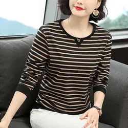 Fashion O-Neck Printing Loose Striped T-Shirt Women's Clothing 2022 Autumn New Casual Pullovers Tops Korean Oversized T-shirt