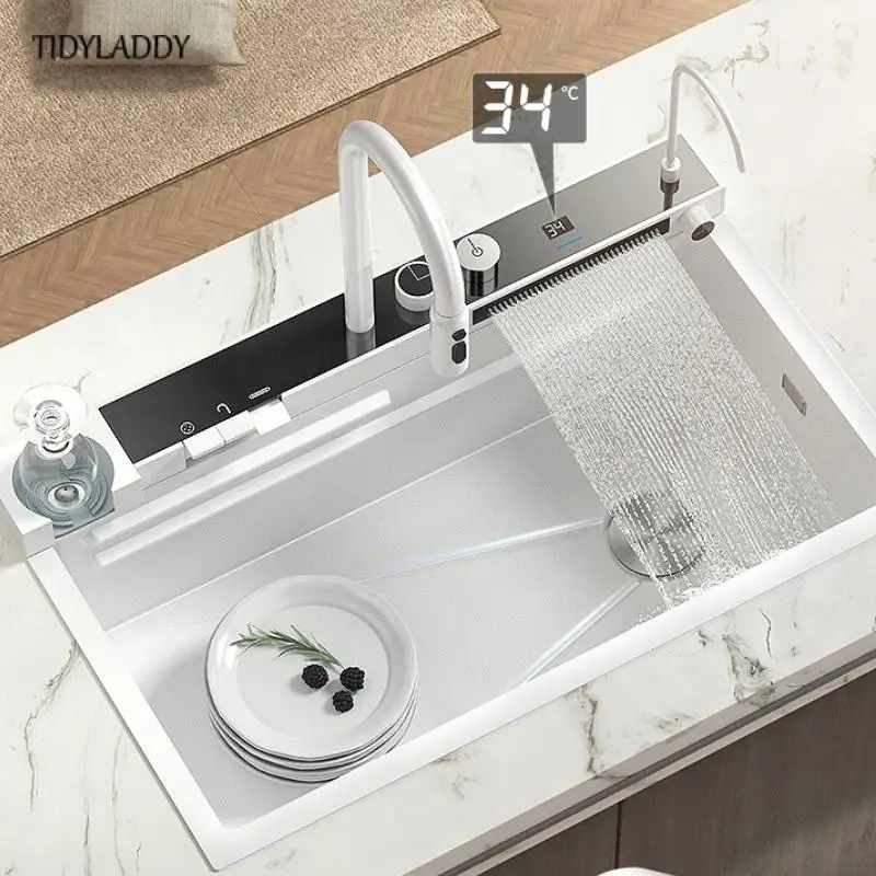

White Kitchen Sink Stainless Steel Large Single Slot Whale Integrated Digital Display Rain Faucet Set Vegetable Washing Dasin