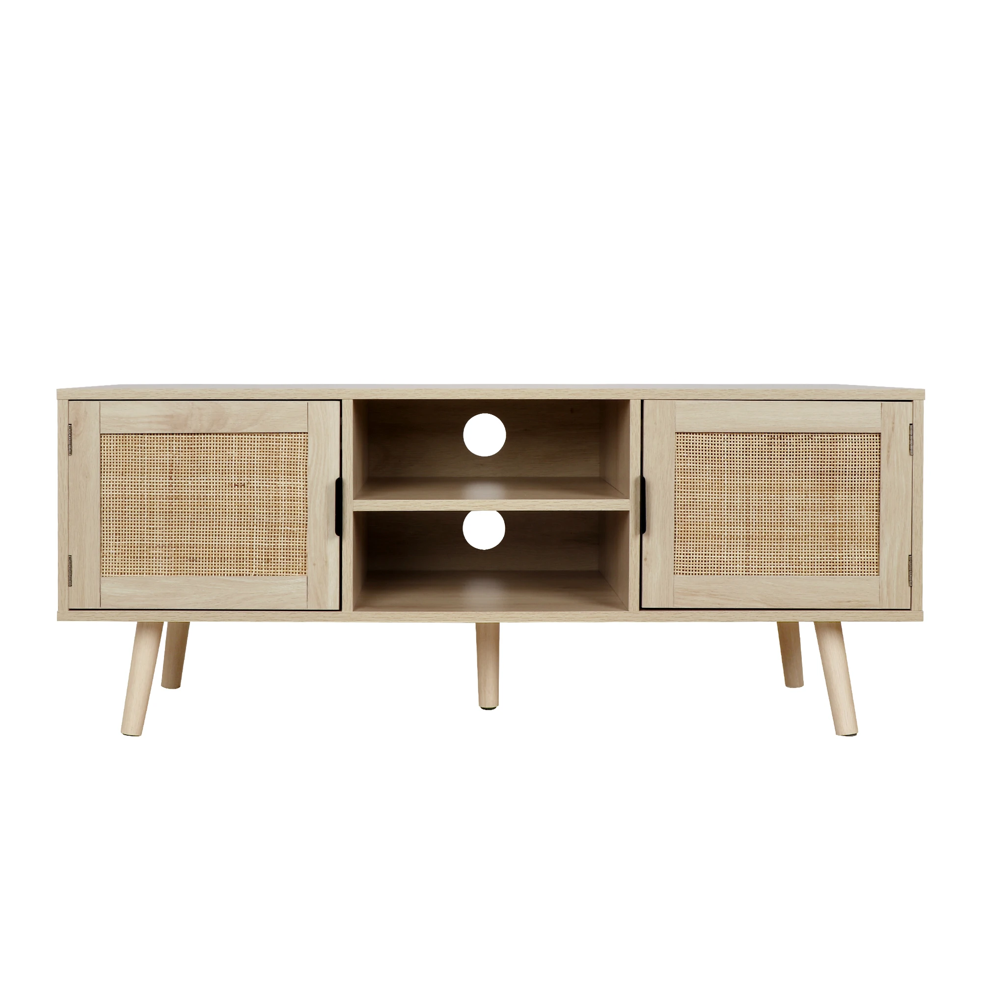 

Aupodin H0015 Farmhouse Rattan TV Stand Modern Wood Media Entertainment Center Console Table for TVs up to 55 Inches with 2 Door