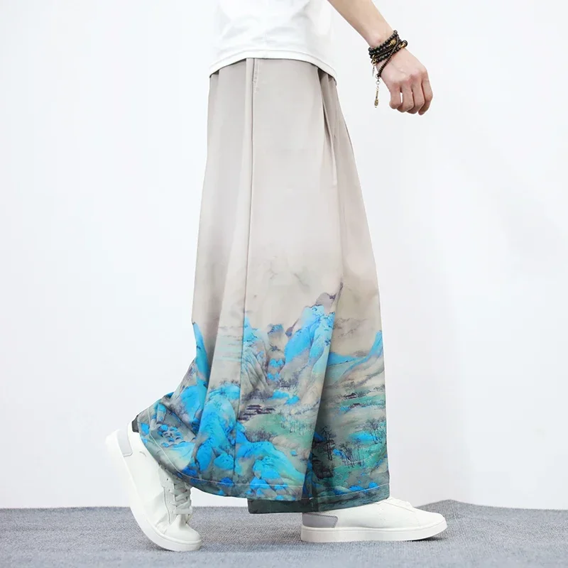 Chinese Style Men Clothing Summer Thin Ice Silk Casual Wide Pants Loose Plus Size Hakama Harajuku Oversized Trousers