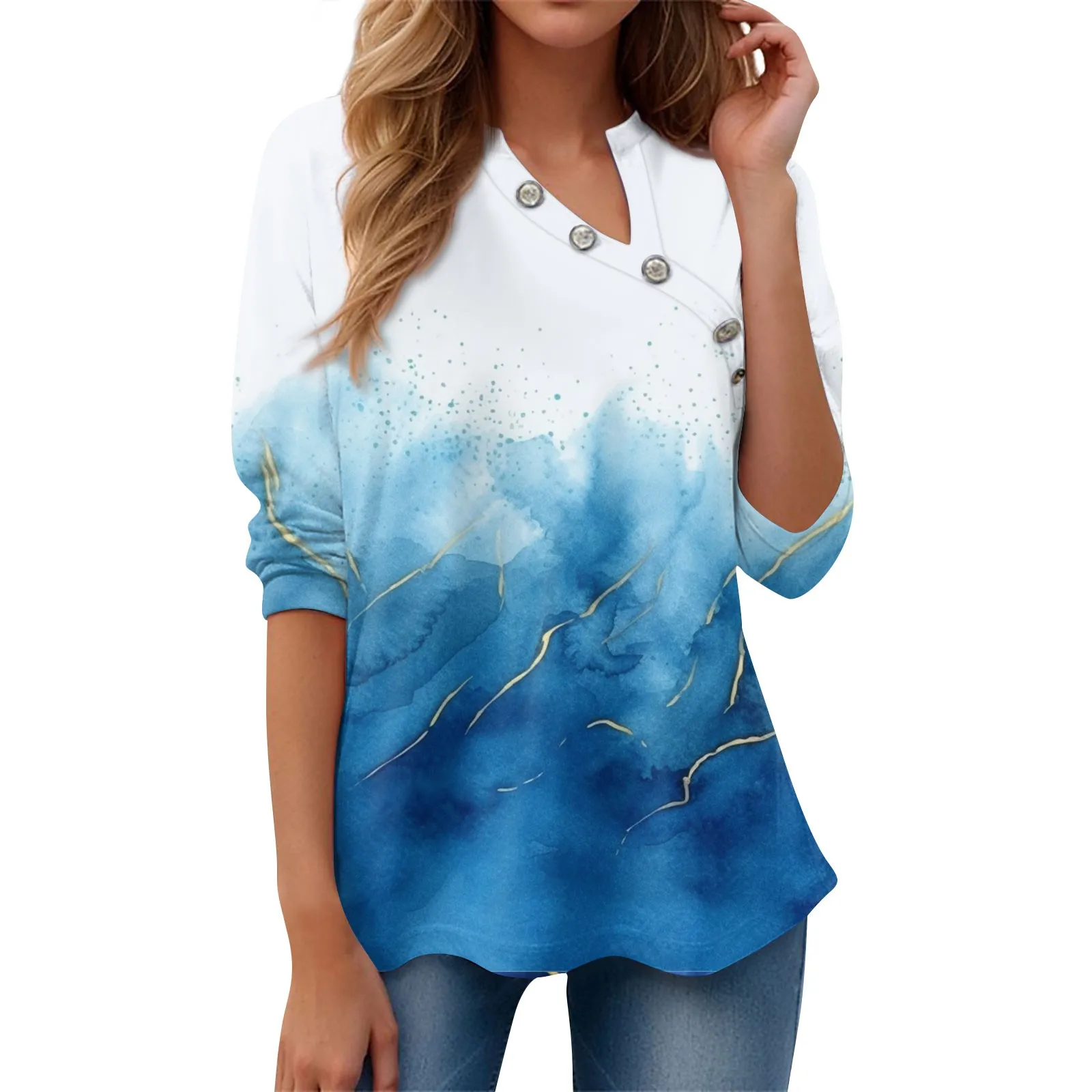 

Женская футболка с длинным рукавом, асимметричная свободная футболка с воротником на пуговицах, Осень-зима 2023