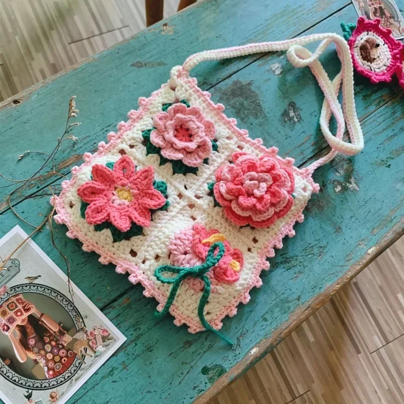

Bag Handmade Beach Women Crochet Handbag Design Lady Messenger Yarn Shopping Summer Bag Flower Original