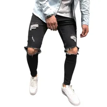 

Ripped Skinny Jeans Men Sweatpants Sexy Hole Jeans Casual Male Cowboy Trousers Slim Biker Outwears Pencil Blue Full Denim Pants