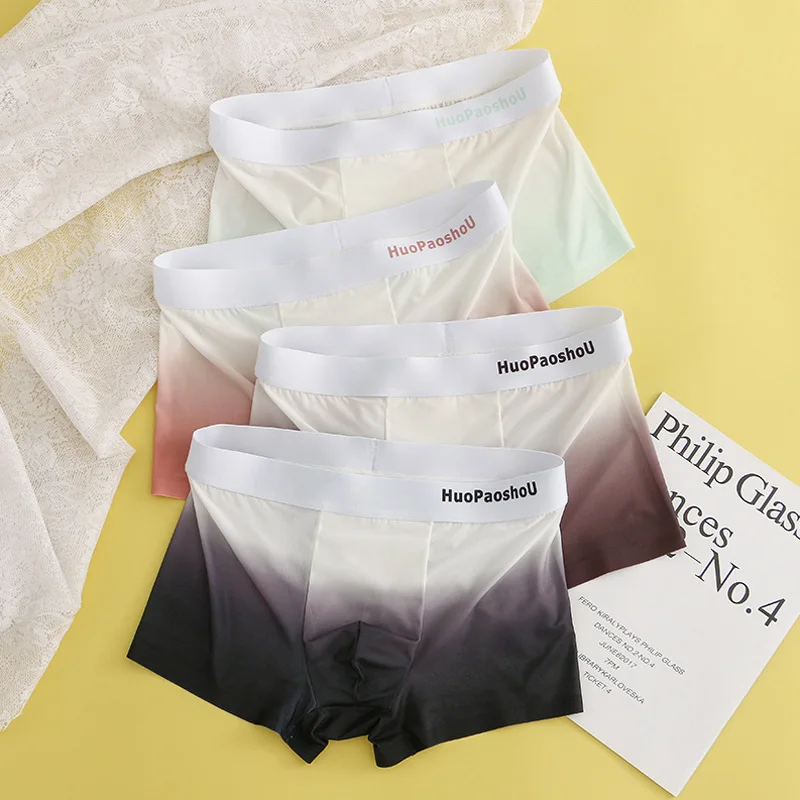 

New Men Ice Silk Seamless Underwear Gradient Print Boxer Shorts Mid Waist Briefs Breathable Underpants Thin Male Shorts