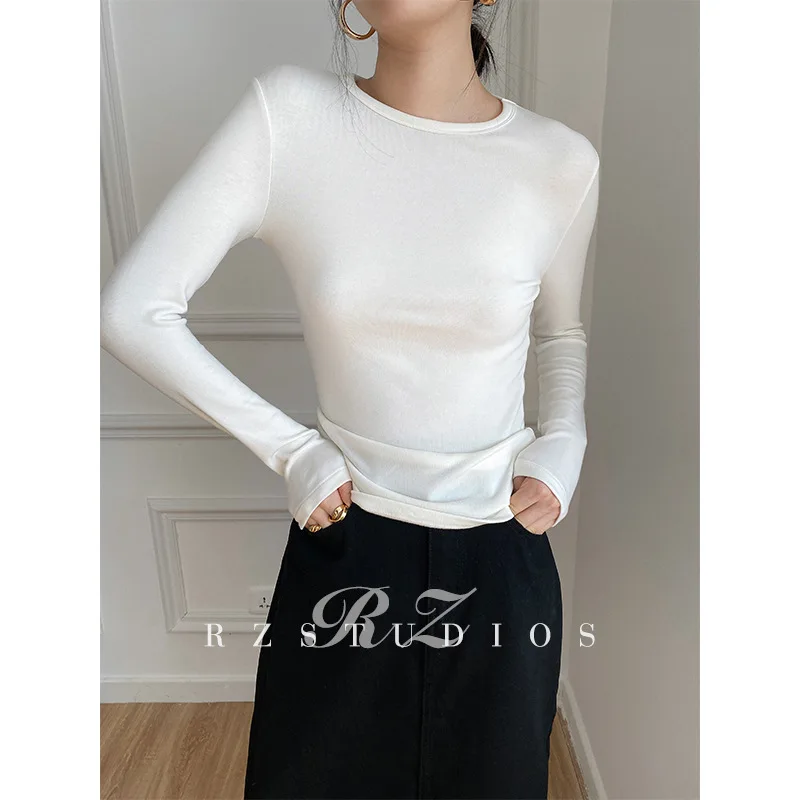 

MRMT 2024 Brand New White Stretch T-Shirt Round Neck Plus Velvet Cotton Slimming Long-Sleeved Blouse Bottoming Shirt Women