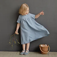 2024 SummerGirls Round Neck Solid Color Pleated Cotton And Linen Dress New Loose Short-Sleeve Children's Dresses，TZ31 1