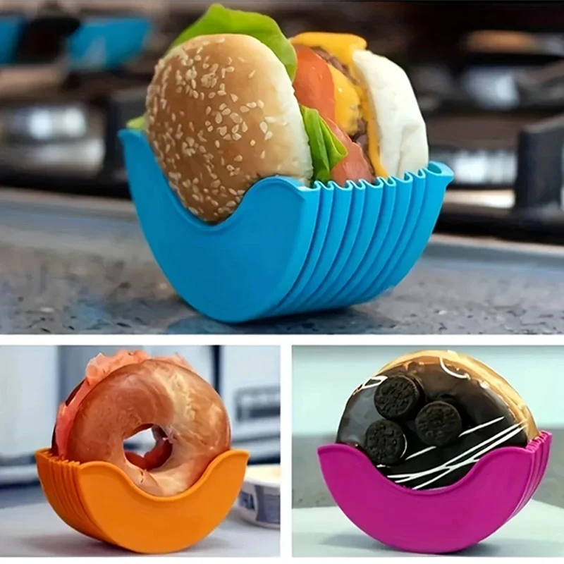 Hamburger Holders 4pcs Retractable Hamburger Holders Hamburger Fixed Box Sandwich Burger Clip Rack Washable Silicone French Fry Sauce