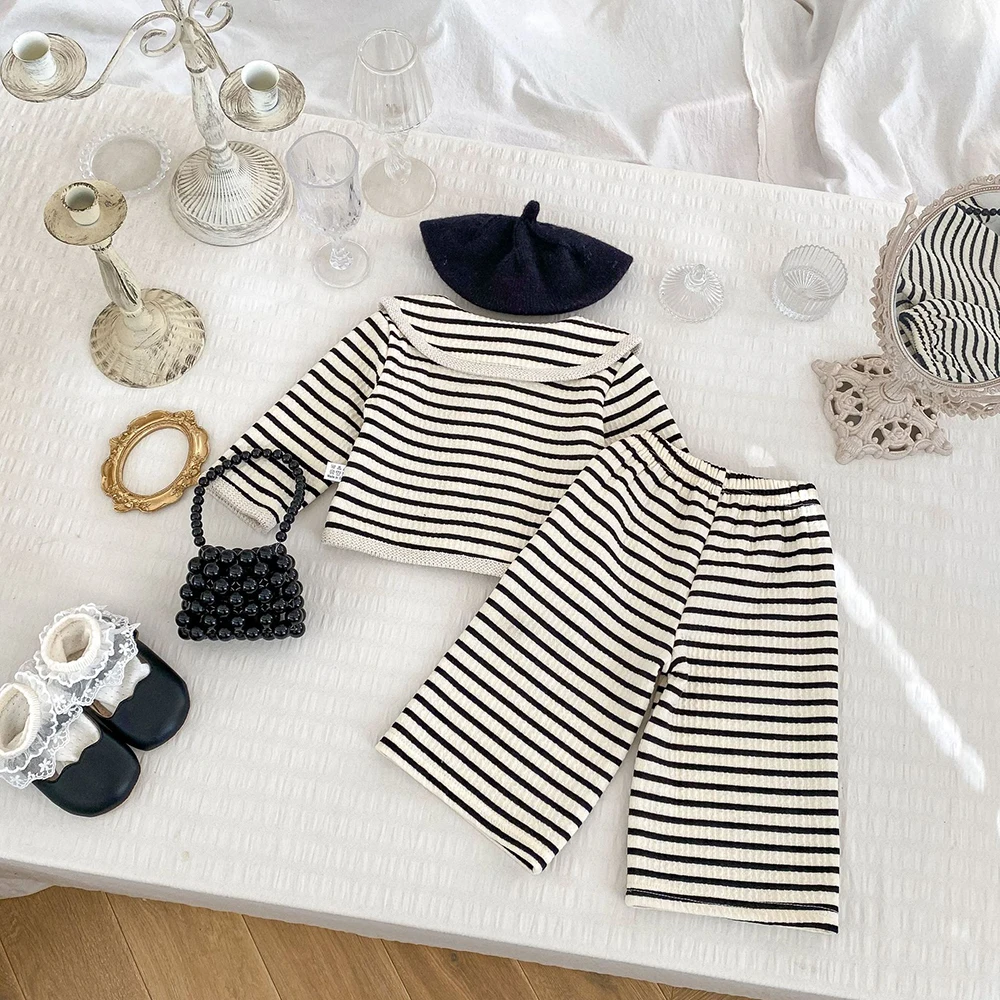 Girls Striped Long Sleeve Tee and Wide Leg Pants Set