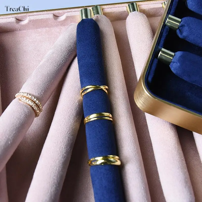 Cashmere Leather Metal Ring Jewelry Tray with 8/6 Detachable Ring Sticks Display Wooden Store Display Prop Ring Holder Organizer