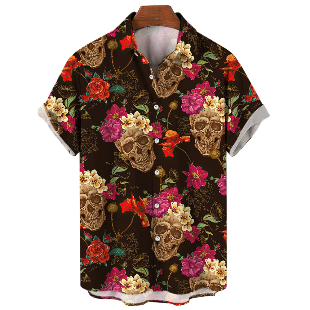 Horror Skull Shirt For Men Summer Turndown Henry Shirts Casual Button Hawaii Style Short Sleeve Men's Clothing Daily Streetwear