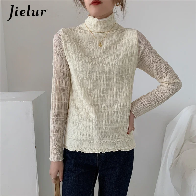

Jielur Slim Apricot Elegant Lady Chiffon Sweater New Lace Turtleneck Bottoming Sweaters Women White Long Sleeve Pullovers Female
