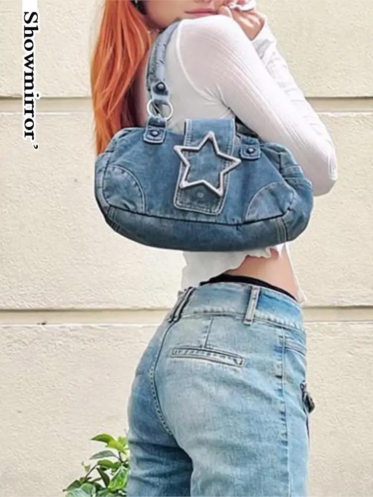 

Single Shoulder Bags Y2K Star Bukle Women Blue Denim Bag Distressed Popular American Retro Handbag all Matching